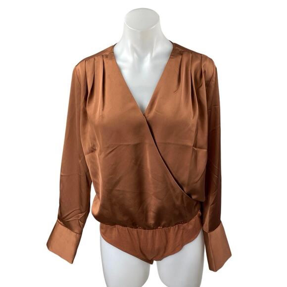Ann Taylor Brown Silk Satin Long Sleeve V Neck Faux Wrap Blouse Bodysuit Top S - Picture 1 of 4